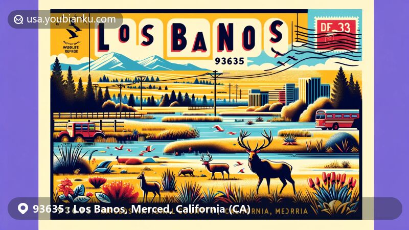 Modern illustration of Los Banos area in Merced County, California, featuring San Luis National Wildlife Refuge with wetlands, native grasslands, and wildlife like tule elk. Postcard design includes postal elements and ZIP code 93635, capturing essence of region's natural beauty and ecological richness.