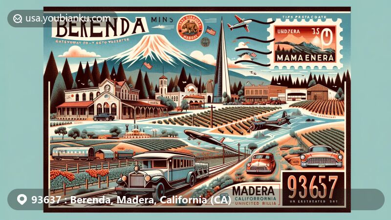 Detailed illustration of Berenda, Madera, California, integrating historical legacy as 'gateway to Yosemite' and Madera's wine culture with vineyards and wineries like CRU Wine Company, Birdstone Winery, and Toca Madera Winery. Features postal theme with vintage postcard layout, zip code '93637' stamp, postmark, and postal service imagery.