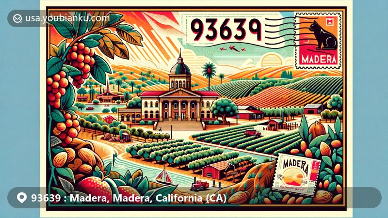 Modern illustration of Madera, California, with ZIP code 93639, showcasing Quady Winery, Toca Madera Winery, and agricultural abundance, featuring vintage air mail envelope and Madera County Courthouse stamp.