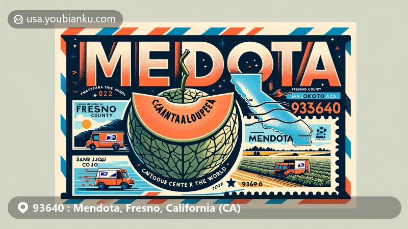 Modern illustration of Mendota, California, 'The Cantaloupe Center of the World', featuring a vibrant design with air mail envelope, cantaloupes, San Joaquin River, fertile crop fields, ZIP code 93640, postal stamp, Mendota Wildlife Area, and Fresno County map.