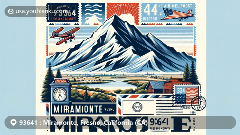 Modern illustration of Miramonte, Fresno County, California, featuring scenic mountain view and postal theme with ZIP code 93641, incorporating Fresno County map outline.