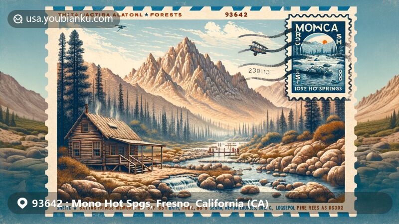 Wide illustration of Mono Hot Springs, Fresno County, California, in Sierra National Forest, showcasing natural hot springs, rugged Sierra Nevada mountain views, granite rock formations, and Sierra lodgepole pine trees, with a vintage airmail envelope highlighting postal theme and ZIP code 93642.