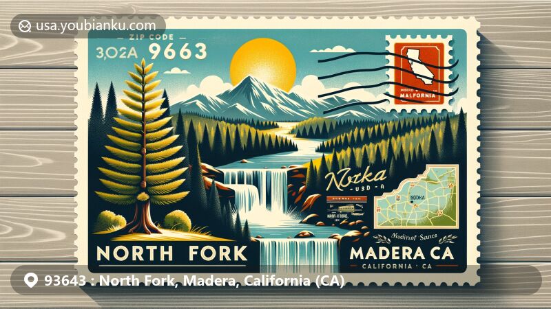 Modern illustration of North Fork, Madera County, California, highlighting postal theme with ZIP code 93643, featuring local cedar tree, waterfalls, Sierra Nevada mountains, and vintage-style postcard.