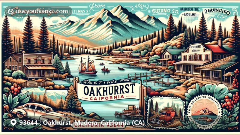Vintage-style postcard illustration of Oakhurst, Madera County, California, capturing Sierra Nevada foothills, Fresno River, Fresno Flats Village, Bass Lake, and Yosemite National Park.