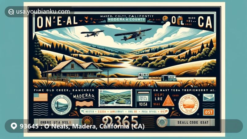 Modern illustration of O'Neals, Madera County, California, displaying postal theme with ZIP code 93645, featuring Fine Gold Creek Ranch and local post office elements.