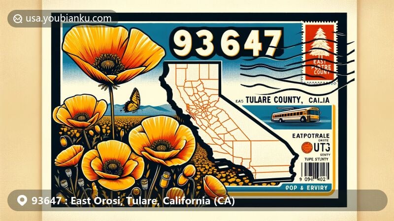 Vibrant modern illustration of East Orosi, Tulare County, California, featuring golden poppies, vintage postcard elements, and postal theme with ZIP code 93647, celebrating community's agriculture and tight-knit spirit.