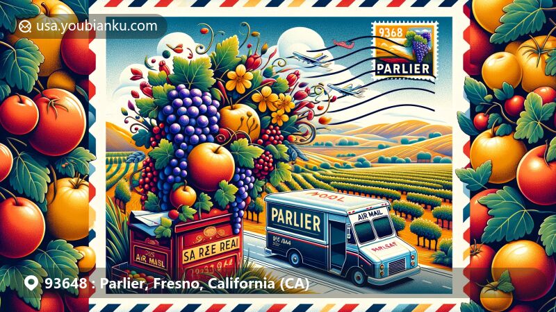 Modern illustration of Parlier, Fresno County, California, featuring agricultural and postal theme with grapevines, fruits, and airmail envelope, symbolizing the town's agricultural heritage, showcasing ZIP code 93648.