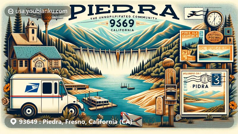 Modern illustration of Piedra, California, in Fresno County, showcasing postal theme with ZIP code 93649, featuring Kings River, Pine Flat Dam, and vintage post office elements.