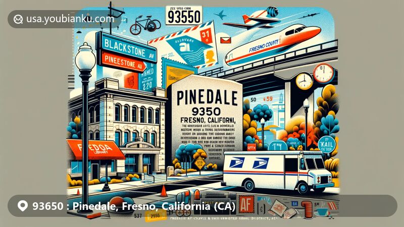 Modern illustration of Pinedale, Fresno, California, highlighting local history and postal theme with ZIP code 93650, featuring historical marker, bike trail, Pinedale Branch of Fresno County Public Library, schools, vintage postcard, air mail envelope, stamps, and postal truck.