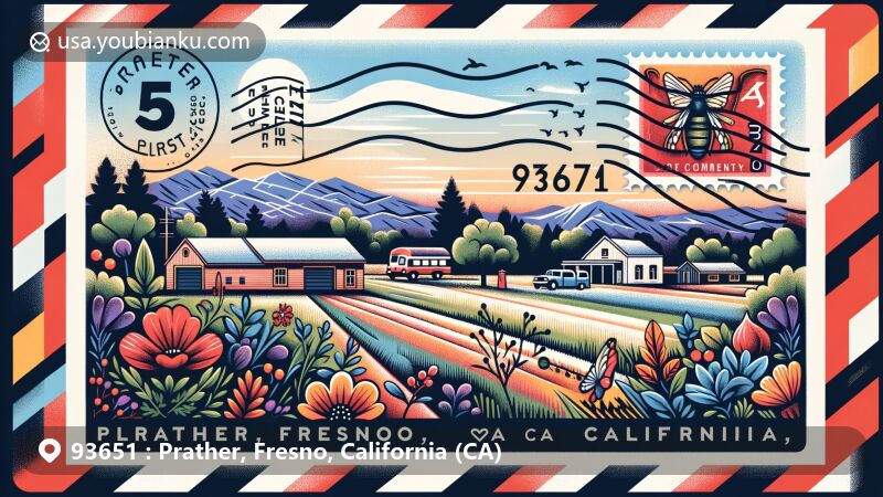 Modern illustration of Prather, Fresno, California, showcasing postal theme with ZIP code 93651, featuring Sierra Nevada foothills, local flora, and community vibe.