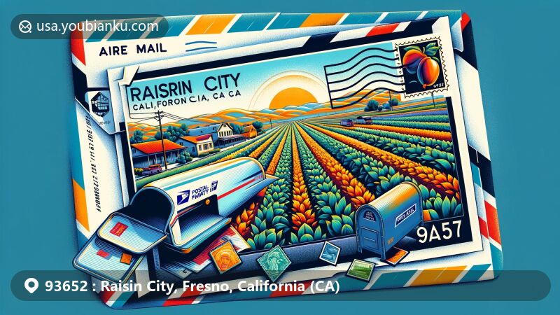 Modern illustration of Raisin City, California, blending agricultural and postal themes with postal envelope foreground revealing a postcard depicting Raisin City farmlands, symbolizing the region's rich agricultural heritage.