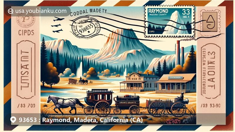 Modern illustration of Raymond, Madera County, California, featuring postal theme with ZIP code 93653, showcasing historical role as transit point to Yosemite with Southern Pacific terminus and Sierra White granite quarry.