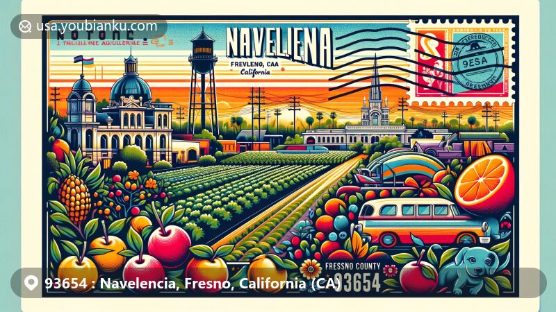 Modern illustration of Navelencia, Fresno County, California, showcasing postal theme with ZIP code 93654, featuring local landmarks like the Forestiere Underground Gardens and Kearney Mansion Museum.