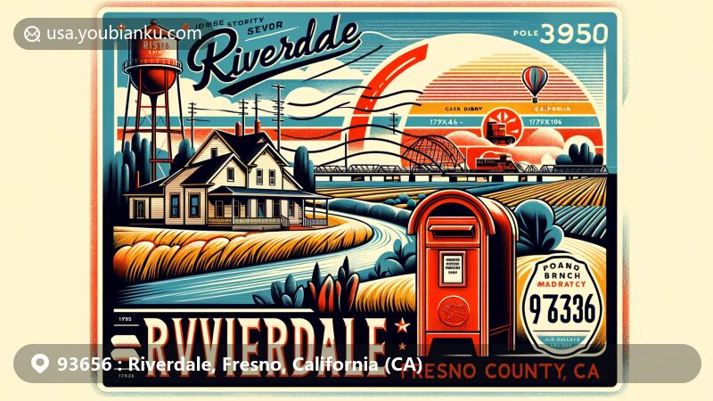 Modern illustration of Riverdale, Fresno County, California, representing ZIP Code 93656, highlighting Kings River and Riverdale Branch Library as community landmarks, with agricultural fields in the background.