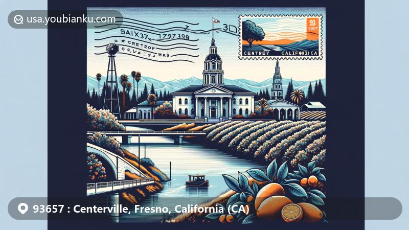 Modern illustration of Centerville, Fresno, California, highlighting Kings River, IOOF Hall, and postal theme with ZIP code 93657, featuring California state flag and agricultural symbols.