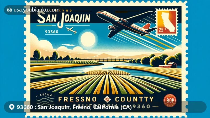 Modern illustration of San Joaquin, Fresno County, California, depicting agricultural essence with fields of crops, sunny sky, and San Joaquin River, featuring airplane with banner showing zipcode 93660 and elements of California state flag.
