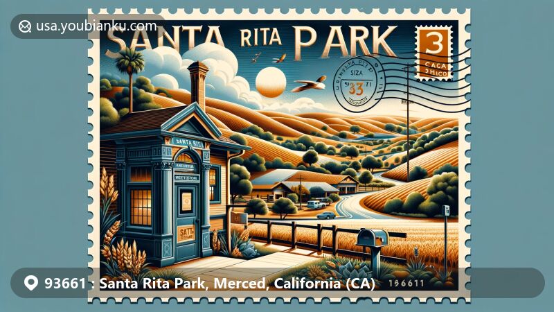 Modern illustration of Santa Rita Park, Merced County, California, showcasing natural beauty with rolling hills and agricultural fields, incorporating postal elements like vintage post office facade, classic mailbox, and envelope with ZIP code 93661.