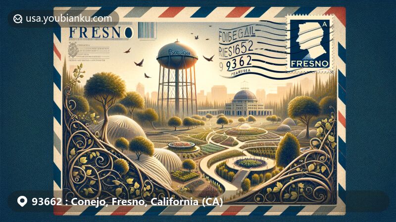 Creative illustration of airmail envelope for Fresno, California area with ZIP code 93662, showcasing scenic beauty and cultural relevance.