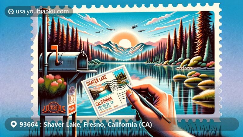 现代插画风格的明信片，展示加利福尼亚州Shaver Lake（邮编93664），湖面倒影着壮丽的山景。