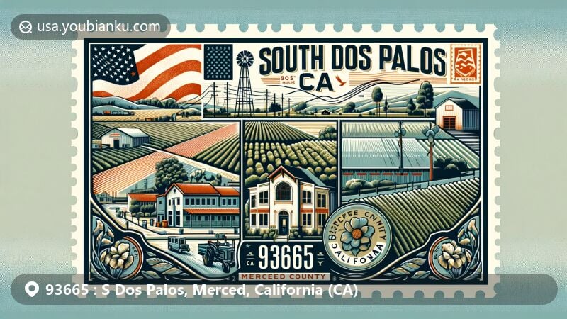 Modern illustration of South Dos Palos, Merced County, California, showcasing postal theme with ZIP code 93665, featuring agricultural landscape and California state symbols.