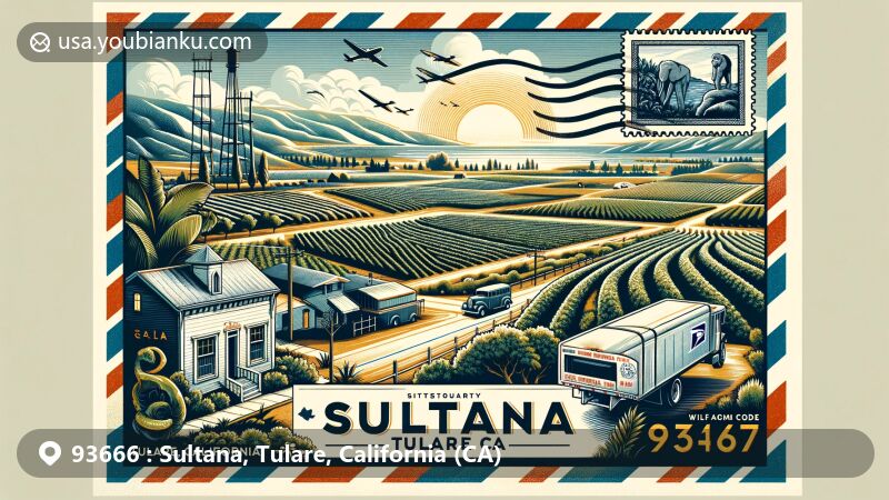 Modern illustration of Sultana, Tulare County, California, showcasing postal theme with ZIP code 93666, highlighting the agricultural landscape and California state flag.