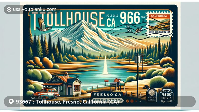 Modern illustration of Tollhouse, California, with ZIP code 93667, showcasing serene Sierra Nevada mountains and blending historical and natural elements, including California state flag and Fresno County outline.