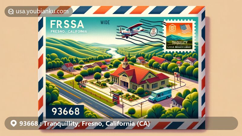 Modern illustration of Tranquillity, Fresno, California, showcasing small-town charm and natural beauty, featuring aerial view, rolling hills, and Tranquillity Branch Library, set in San Joaquin Valley, framed by air mail envelope with ZIP code 93668.