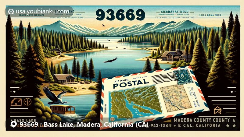 Detailed illustration of Bass Lake, Madera County, California, blending local geography and postal themes, featuring ZIP code 93669, with Bass Lake, pine forests, Sierra National Forest, and distant mountains, along with vintage postal elements and wildlife.