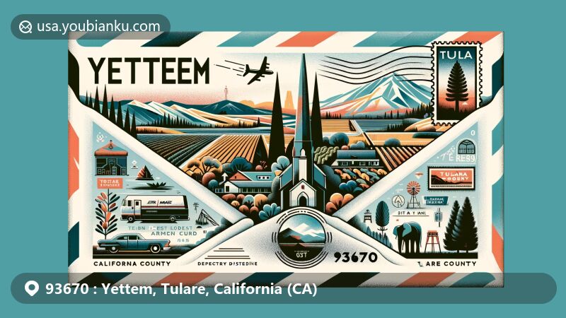 Modern illustration of Yettem, Tulare County, California, merging postal theme with cultural and geographical elements, featuring California State Route 201, St. Mary's Armenian Church, local agriculture, Giant Forest Lodge Historic District, Moro Rock Stairway, and 2011 Election Tree Marker.