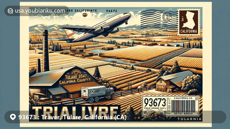 Modern illustration of Traver, Tulare County, California, melding vintage postcard aesthetics with a focus on ZIP code 93673, featuring agricultural landscapes, Butterfield Stage Station, and California state symbols.