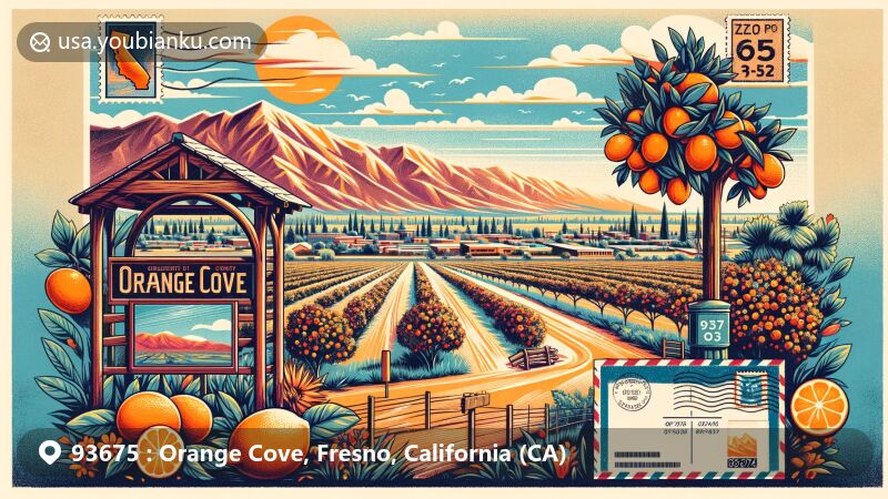 Modern illustration of Orange Cove, California, depicting fertile farmlands of the San Joaquin Valley with orange and lemon citrus groves under sunny skies, featuring iconic welcome arbor, blossoming orange trees, and vintage postcard elements.