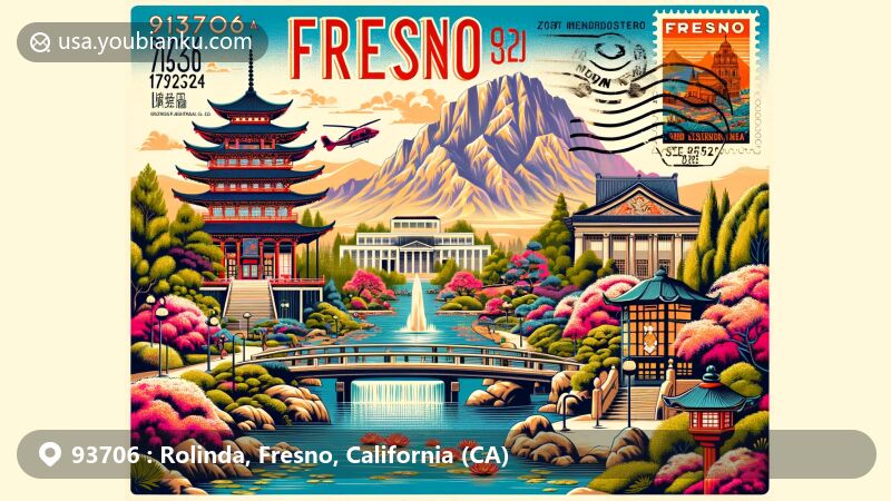 Modern illustration of Rolinda, Fresno, California, highlighting ZIP code 93706. Features include Shinzen Japanese Garden, Warnors Theatre, Fresno Art Museum, and Sequoia & Kings Canyon National Parks, with postal elements like air mail envelope and California state flag.