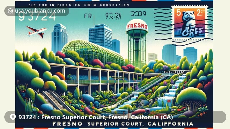 Vibrant illustration of ZIP code 93724, Fresno, California, featuring Forestiere Underground Gardens and Fresno Water Tower, blending modern and historical elements in a postcard-inspired design.