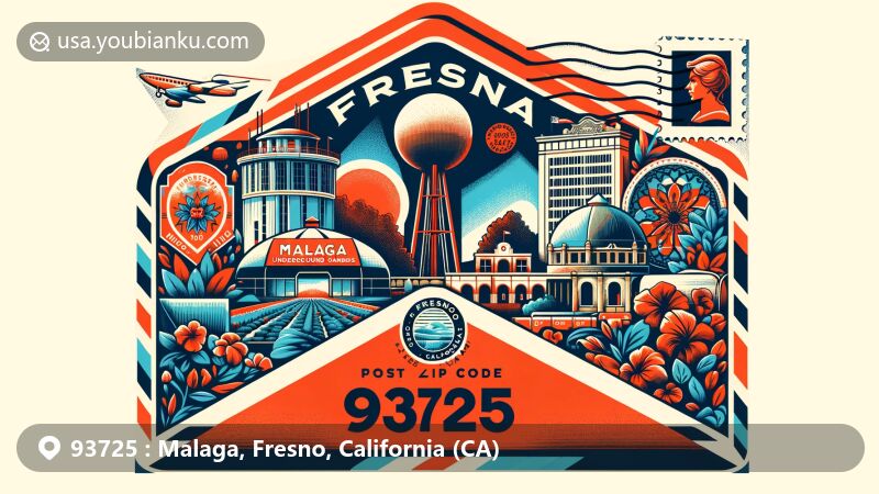 Modern illustration of Malaga, Fresno, California, representing ZIP code 93725 with vintage air mail envelope, stamps, postal mark, Forestiere Underground Gardens, Old Fresno Water Tower, and Fresno County outline, symbolizing the region's geography.