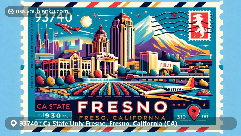 Modern illustration of Fresno, California, with ZIP code 93740, showcasing key landmarks like the Fresno Bee Building, Fulton Mall, Warnors Theatre, and the Santa Fe Depot, featuring Sierra Nevada mountains and agricultural imagery.