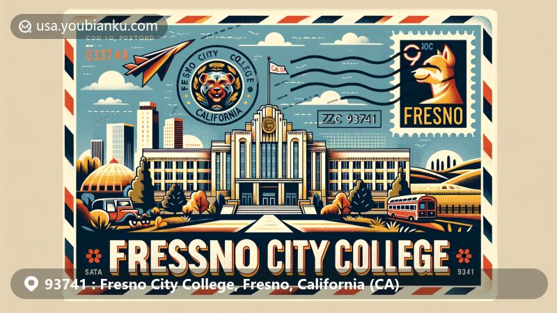 Modern illustration of Fresno City College, Fresno, California, and its surroundings (ZIP code 93741), portraying iconic symbols like the college facade, California state flag, and local landmarks in a postcard design.
