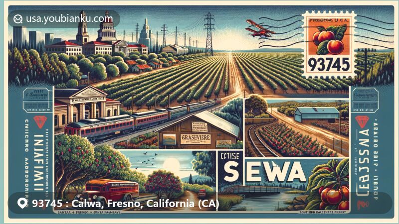 Modern illustration of Calwa, Fresno, California, featuring vibrant community atmosphere, historical significance as a railroad town with Santa Fe Railways and Southern Pacific Railroad, early agricultural efforts with lush orchards and vineyards, challenges like locust infestations, iconic landmarks Forestiere Underground Gardens and Kearney Mansion, and postal elements like vintage stamps, envelopes, and prominent '93745' ZIP code.