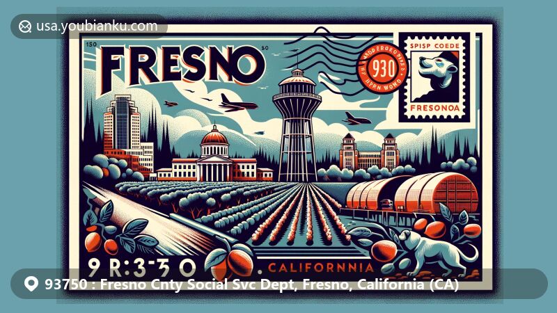 Vintage-style postcard design for Fresno, California with ZIP code 93750, featuring Forestiere Underground Gardens, Fresno Water Tower, Tower Theatre, and elements representing vineyards and raisin production.