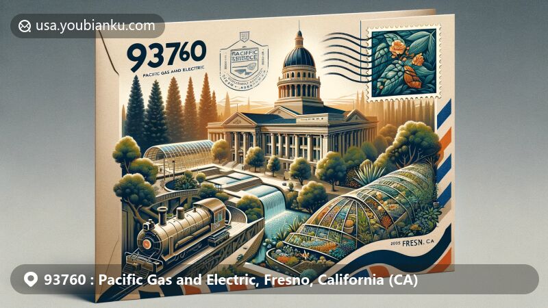 Modern illustration of Fresno, California, showcasing postal theme with ZIP code 93760 in the Pacific Gas and Electric area, highlighting rich cultural and historical elements.