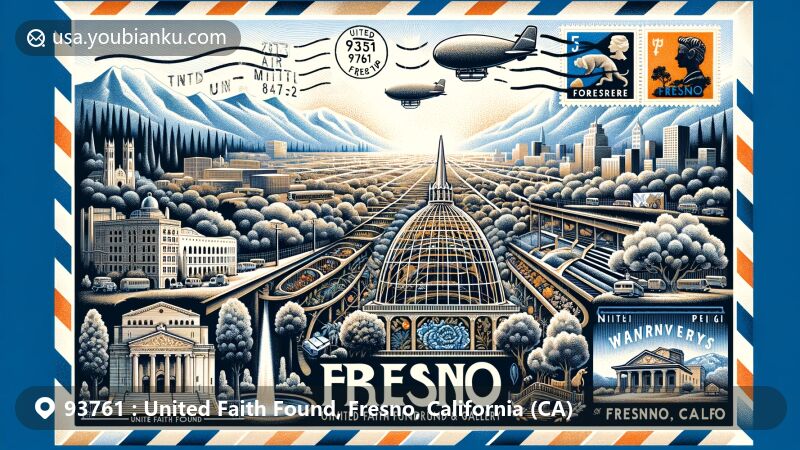 Modern illustration of United Faith Found in Fresno, California, capturing the essence of ZIP code 93761 with landmarks like Forestiere Underground Gardens and Kearney Mansion Museum & Gallery, set against a backdrop of Fresno skyline and Sierra Nevada mountains.