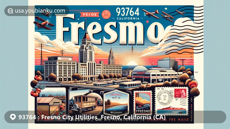 Modern illustration of ZIP code 93764 in Fresno, California, featuring Fresno Bee Building, Fulton Mall, Warnors Theatre, Santa Fe Depot, and Sierra Nevada mountains in the background.