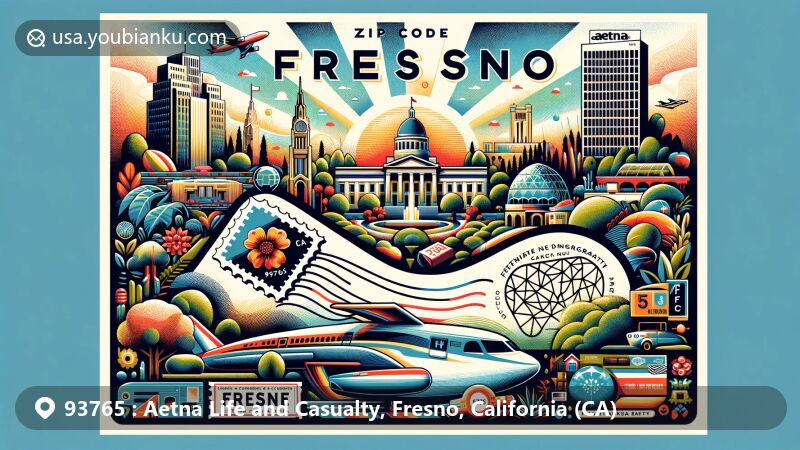 Modern illustration of Fresno, California, representing the distinct postal theme of ZIP code 93765 with vibrant colors and regional symbols.