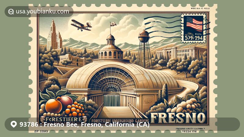 Modern illustration of Fresno Bee area, Fresno, California, with ZIP code 93786, highlighting Forestiere Underground Gardens, Water Tower, Kearney Mansion, and Sierra Nevada mountains.