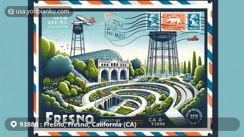 Modern illustration of Fresno, California, featuring Forestiere Underground Gardens and Old Fresno Water Tower in a creative postal theme with ZIP code 93888.