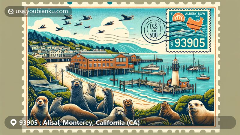 Modern illustration of Alisal, Monterey, California, focusing on ZIP code 93905, featuring Cannery Row, Monterey coastline with sea lions and otters, blending historical elements with postal design.