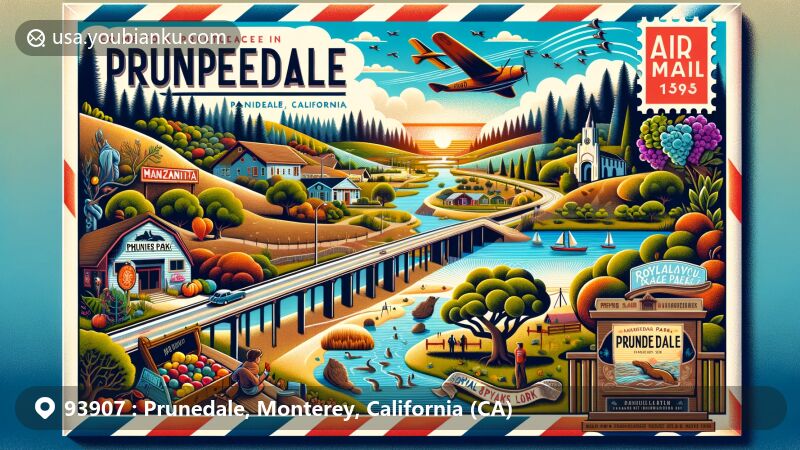 Vibrant illustration of Prunedale, California, on an air mail envelope, highlighting Highway 101, Manzanita Park, Royal Oaks Park, Elkhorn Slough wildlife, and ZIP Code 93907.
