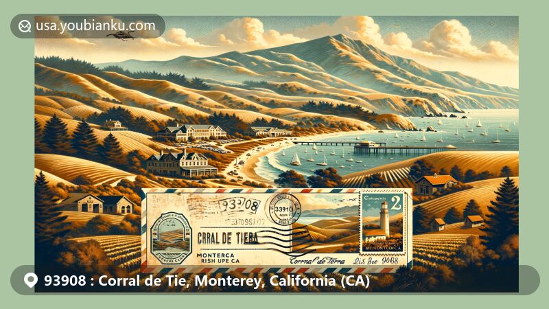 Artistic depiction of Corral de Tierra, Monterey County, California, featuring Rancho Corral de Tierra's unspoiled landscapes with rolling hills, coastal vistas, unique flora and fauna, and agricultural elements like vineyards and country clubs. Includes Montara Mountain's dramatic rise, vintage postcard with ZIP code 93908, stamps, and postmark.