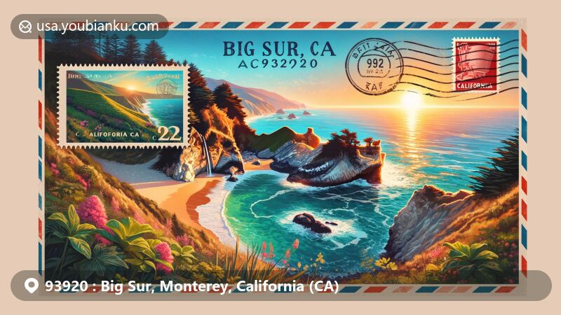 Modern illustration of McWay Falls in Big Sur, California, ZIP code 93920, featuring postal elements and local landmarks, in a vintage postcard style.