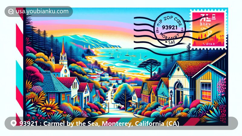 Modern illustration of Carmel by the Sea, Monterey County, California, featuring Carmel Mission, Fairy Tale Cottages, and Ocean Avenue, intertwined with postal theme and ZIP code 93921.