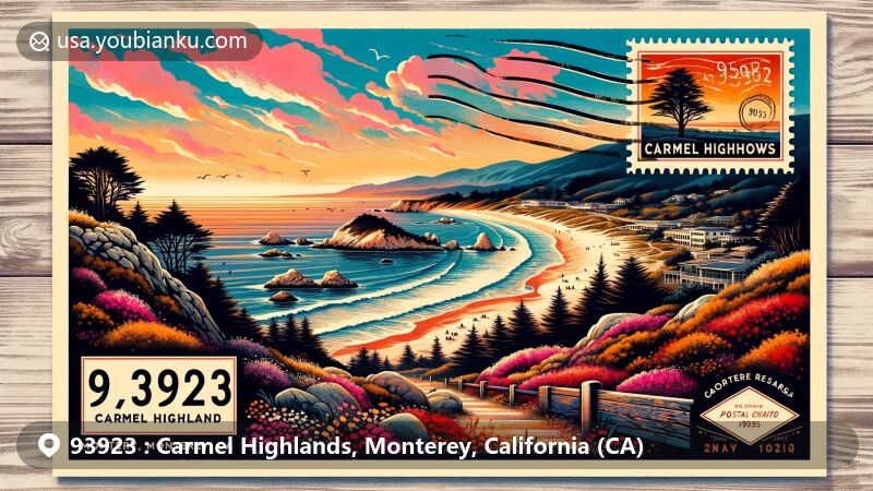 Modern illustration of Carmel Highlands, Monterey County, California, with ZIP code 93923, capturing ocean views, sunset skies, Carmel Meadows Beach with colorful rocks, wildflowers, and Monterey cypress trees, integrating vintage postal theme with postcard format, ZIP code '93923', postal stamp of Point Lobos State Natural Reserve, and postmark 'Carmel Highlands, CA'.